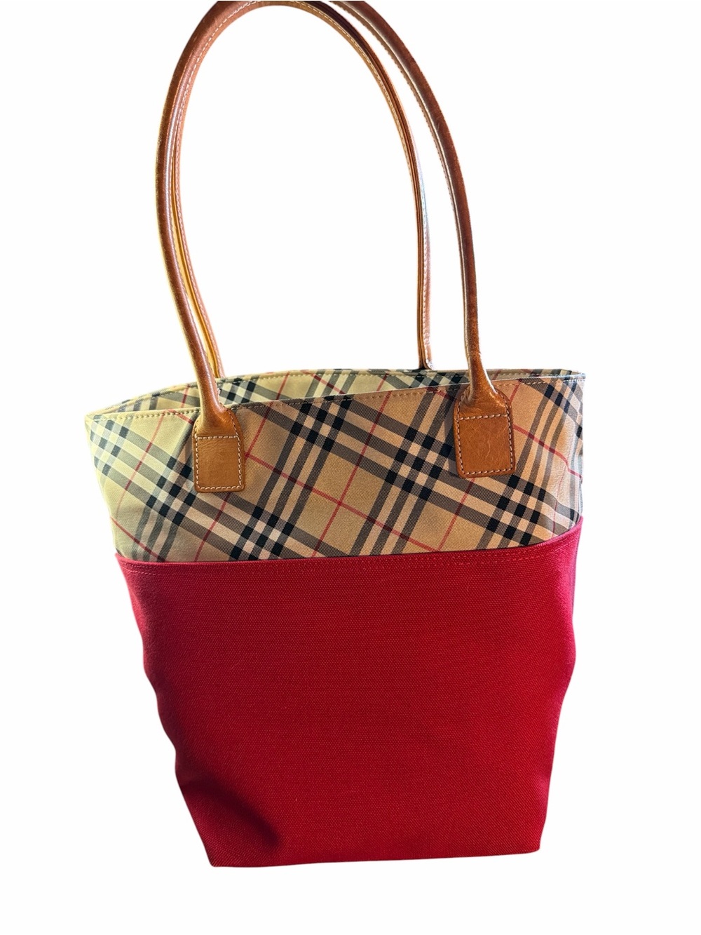 Vintage Burberry Blue Label Red Canvas & Nova Check Bucket Tote - Picture 2 of 3